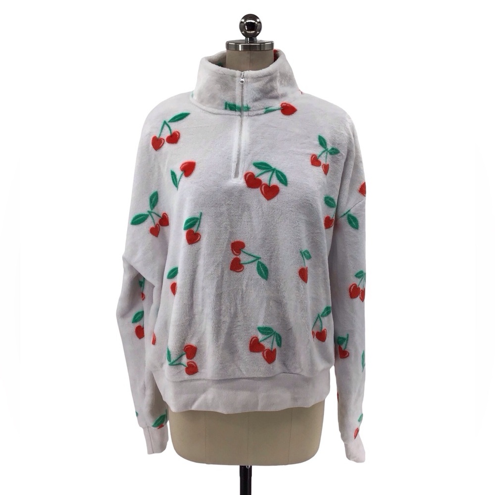 Mighty Fine White Fleece with Red Cherry Design